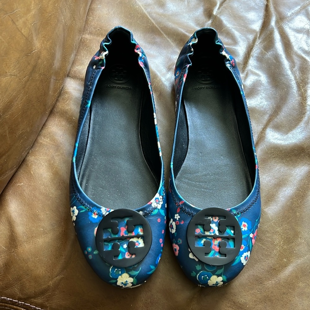 Tory Burch flats, size 9.5, navy blue, floral